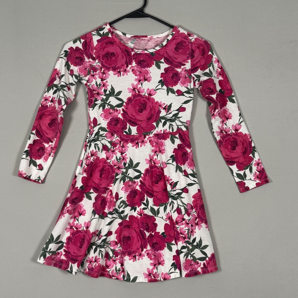 Childrens Place Floral Skater Dress Kids Size M 7/8 Pink Rose Long Sleeve NWOT